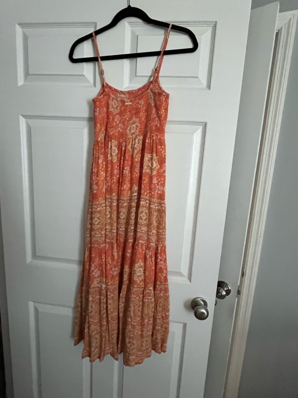 Billabong Coral-Orange Printed Tiered Midi Dress with Spaghetti Straps